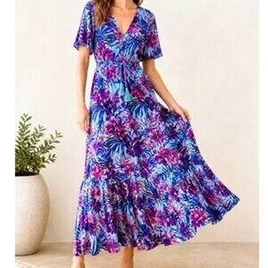 Tropical Hibiscus Maxi Dress Sunday‎ Mi Amor XS Rayon Boho Vacation